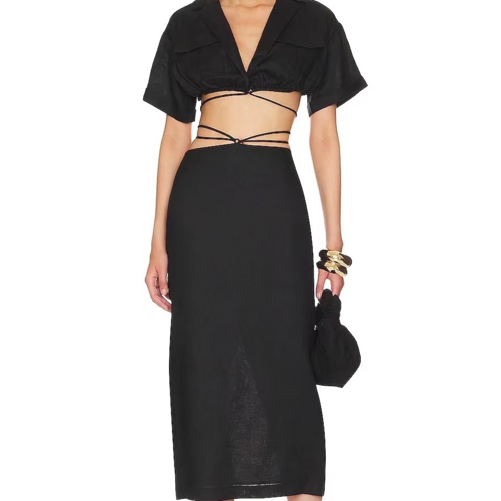 NEW Black Linen Midi Dress Top and Skirt Set